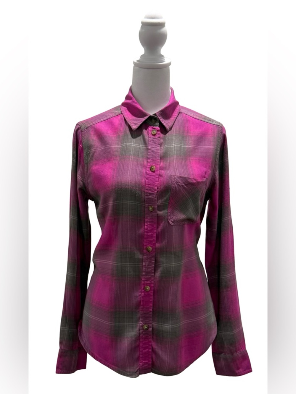 American Eagle Vintage Boyfriend Pink Gray Plaid Flannel Button-Down XS - Picture 6 of 14